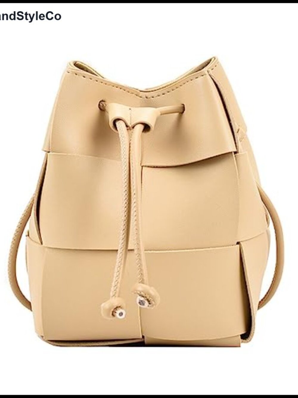 Mini Woven Bucket Bag Faux Leather Drawstring Crossbody Adjustable Strap Small